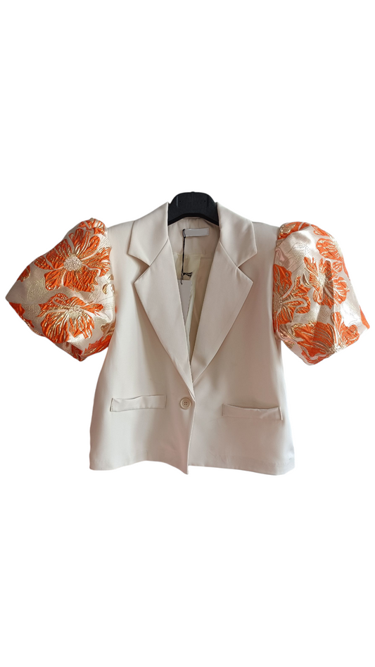Korte blazer Jaquard mouwen; beige blazer oranje pofmouwen