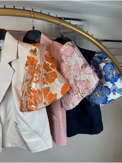 Korte blazer Jaquard mouwen - beige/oranje, lichtroze, marineblauw