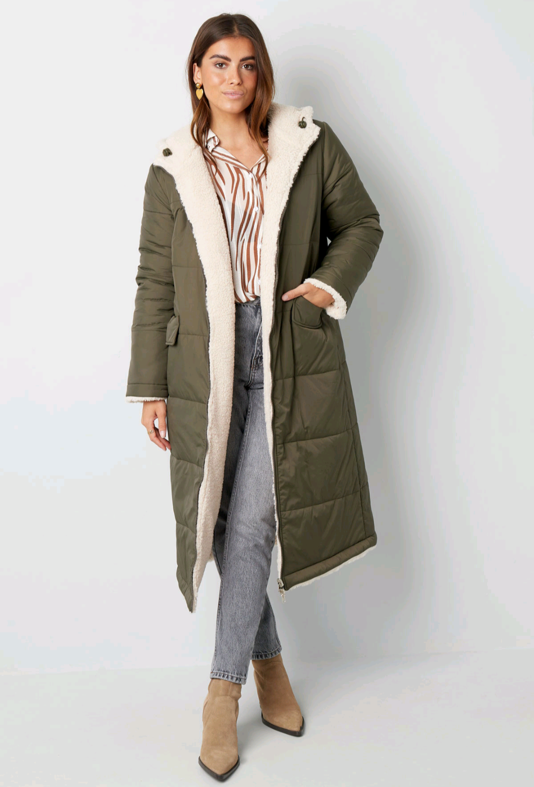 Lange gewatteerde jas dames/ puffer jas dames - Bruin | Fall4Me collectie