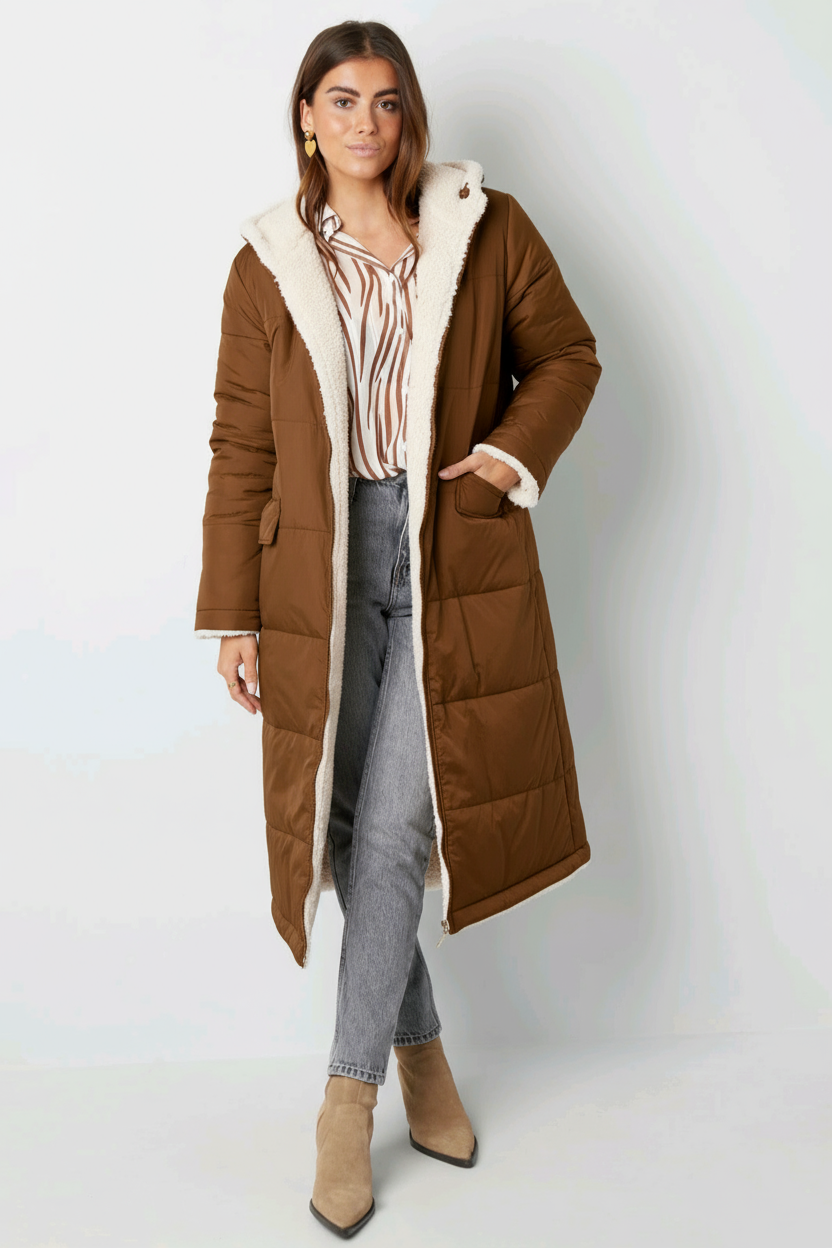 Lange gewatteerde jas dames/ puffer jas dames - Bruin | Fall4Me collectie