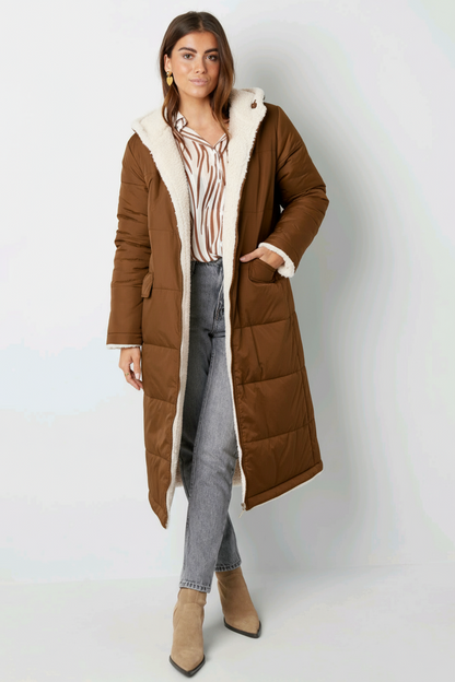 Lange gewatteerde jas dames/ puffer jas dames - Bruin | Fall4Me collectie