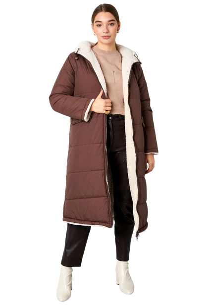 Lange gewatteerde jas dames/ puffer jas dames - Bruin | Fall4Me collectie