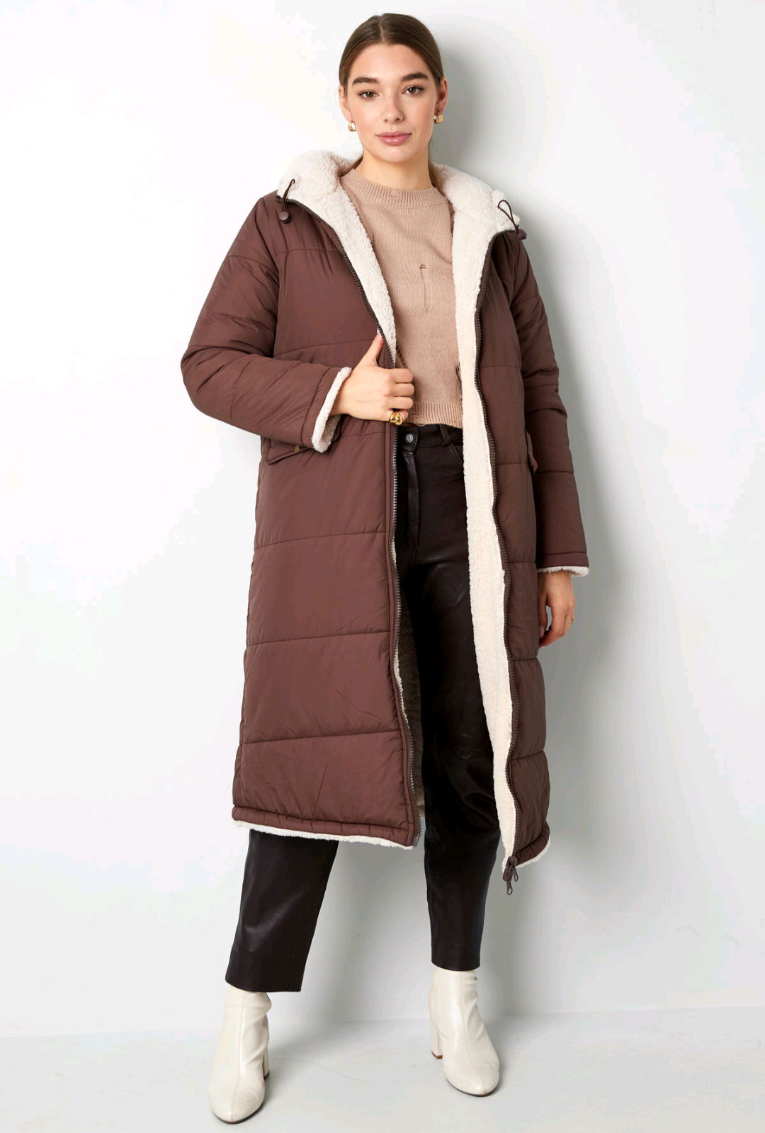 Lange gewatteerde jas dames/ puffer jas dames - Bruin | Fall4Me collectie
