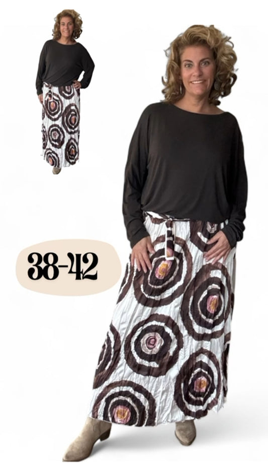 Lange plissé rok dames; Swirl - Gebroken Wit/ Bruin | Fall4me collectie 2.0