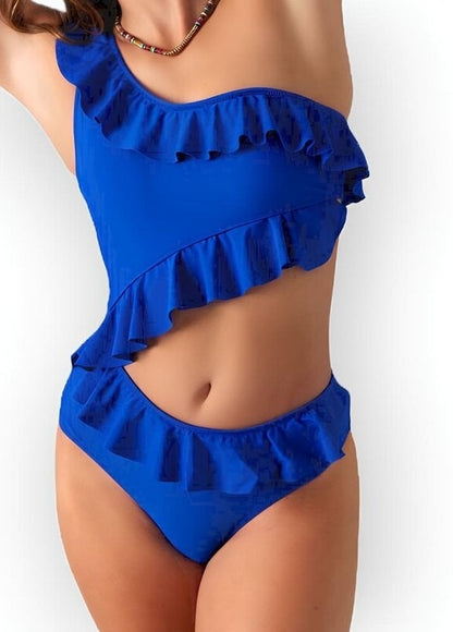 Tia; Dames monokini/ badpak met ruffels - Kobalt blauw (Maat L)