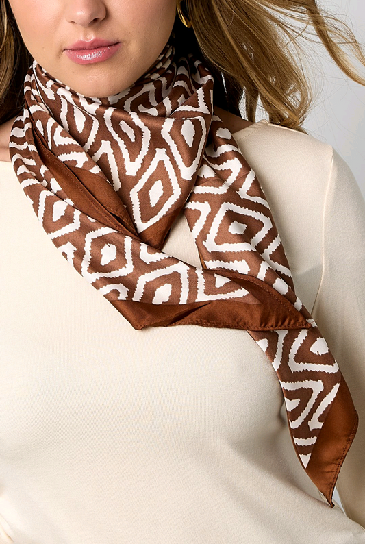 Driehoek sjaal/ grote neksjaal dames; grafische print - Cognac/ Bruin