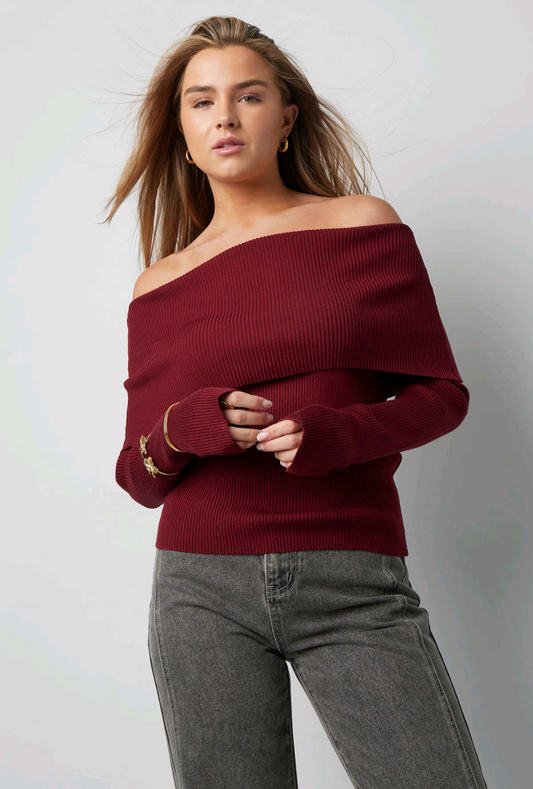 Gimme gebreide off-shoulder trui dames - Rood (Bordeaux)| Fall4me collectie