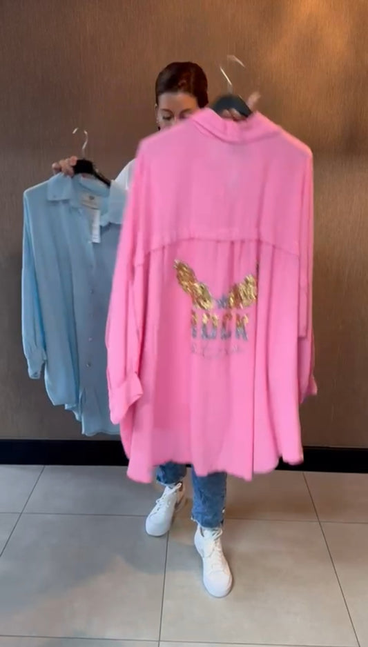 Plussize/ oversized dames blouse Rockstar Wings - Fuchsia roze | Lente & Pastels collectie