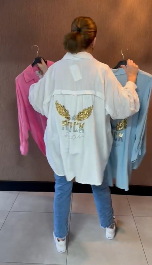 Plussize/ oversized dames blouse Rockstar Wings - Wit | Lente & Pastels collectie