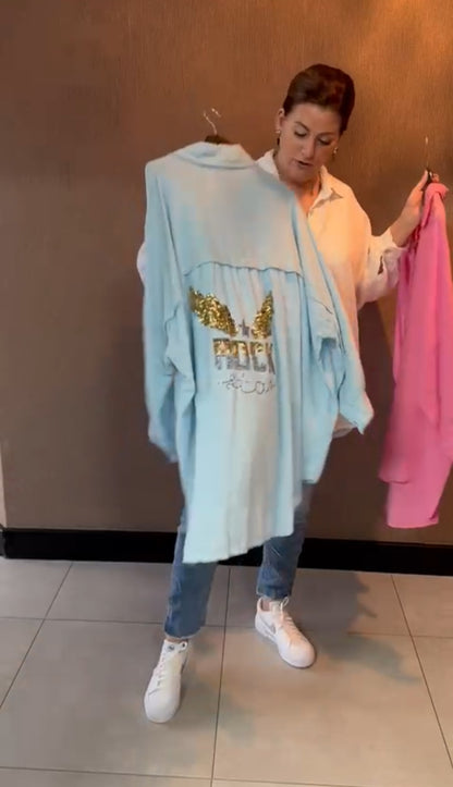 Plussize/ oversized dames blouse Rockstar Wings - Blauw | Lente & Pastels collectie
