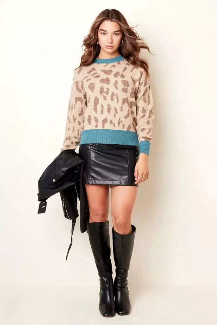 Panterprint trui dames - Zwart/ beige met paarse boorden - maat L/XL