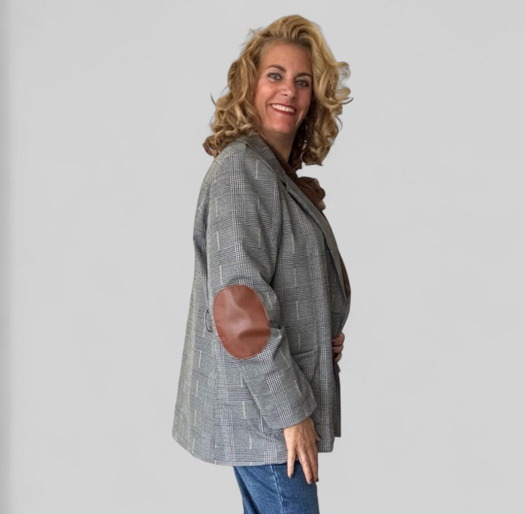 Dames plussize geruite blazer en elbow patch (42-48) - Zwart/Wit | Fall4me collectie