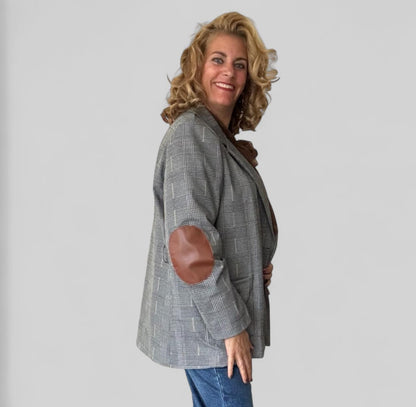 Dames plussize geruite blazer en elbow patch (42-48) - Zwart/Wit | Fall4me collectie