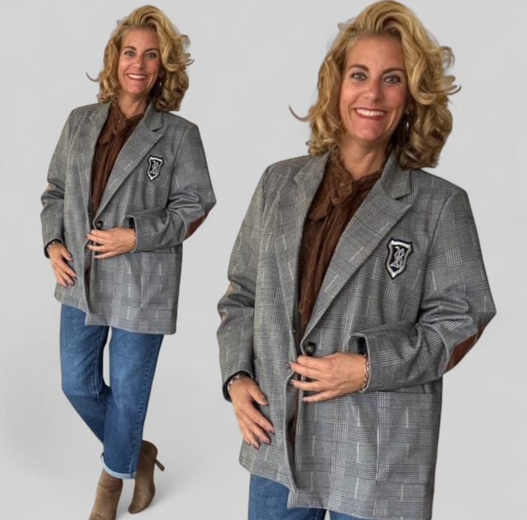 Dames plussize geruite blazer en elbow patch (42-48) - Zwart/Wit | Fall4me collectie