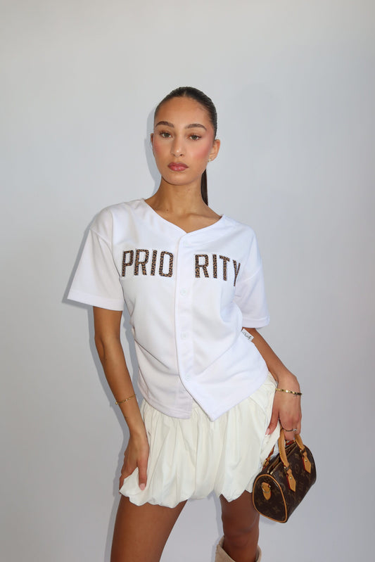 Priority t-shirt dames; Baseball buttoned jersey with Leopard patches - White/ Wit | Tee Time collectie