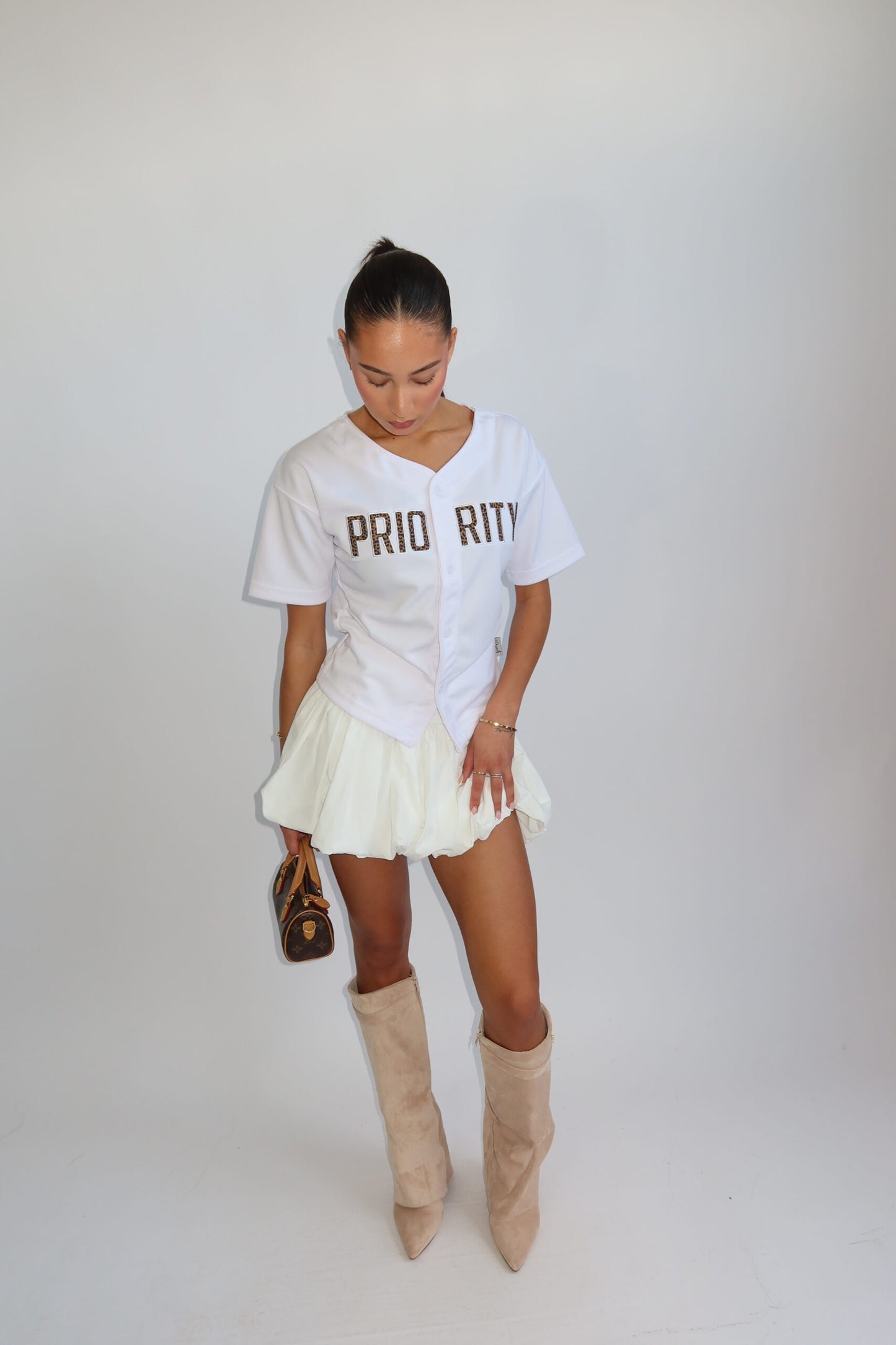Priority t-shirt dames; Baseball buttoned jersey with Leopard patches - White/ Wit | Tee Time collectie