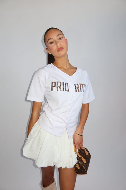 Priority t-shirt dames; Baseball buttoned jersey with Leopard patches - White/ Wit | Tee Time collectie