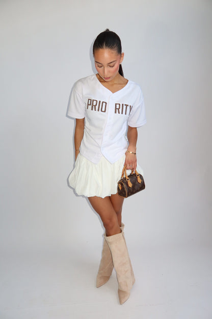 Priority t-shirt dames; Baseball buttoned jersey with Leopard patches - White/ Wit | Tee Time collectie