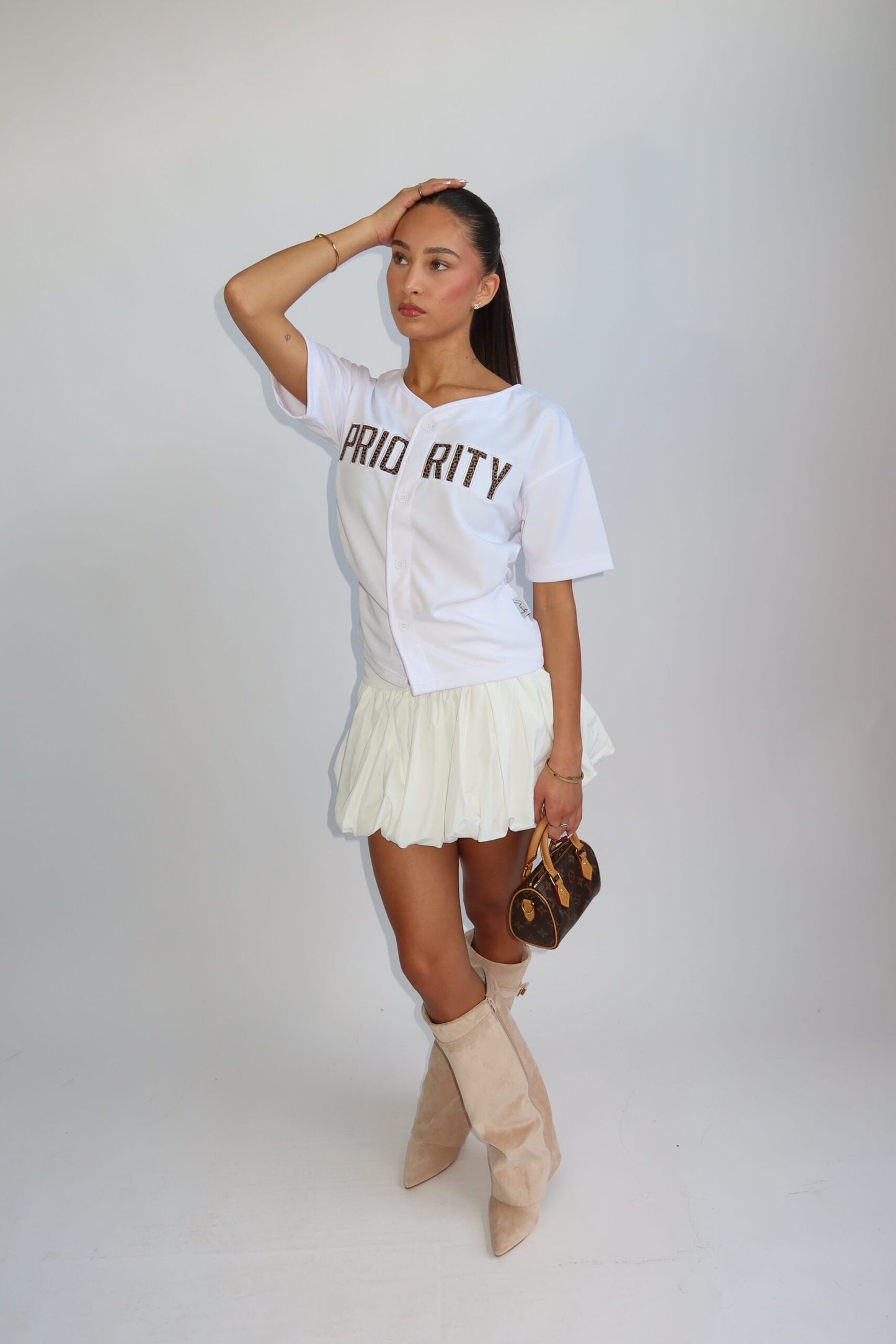Priority t-shirt dames; Baseball buttoned jersey with Leopard patches - White/ Wit | Tee Time collectie