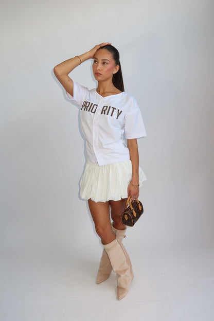Priority t-shirt dames; Baseball buttoned jersey with Leopard patches - White/ Wit | Tee Time collectie