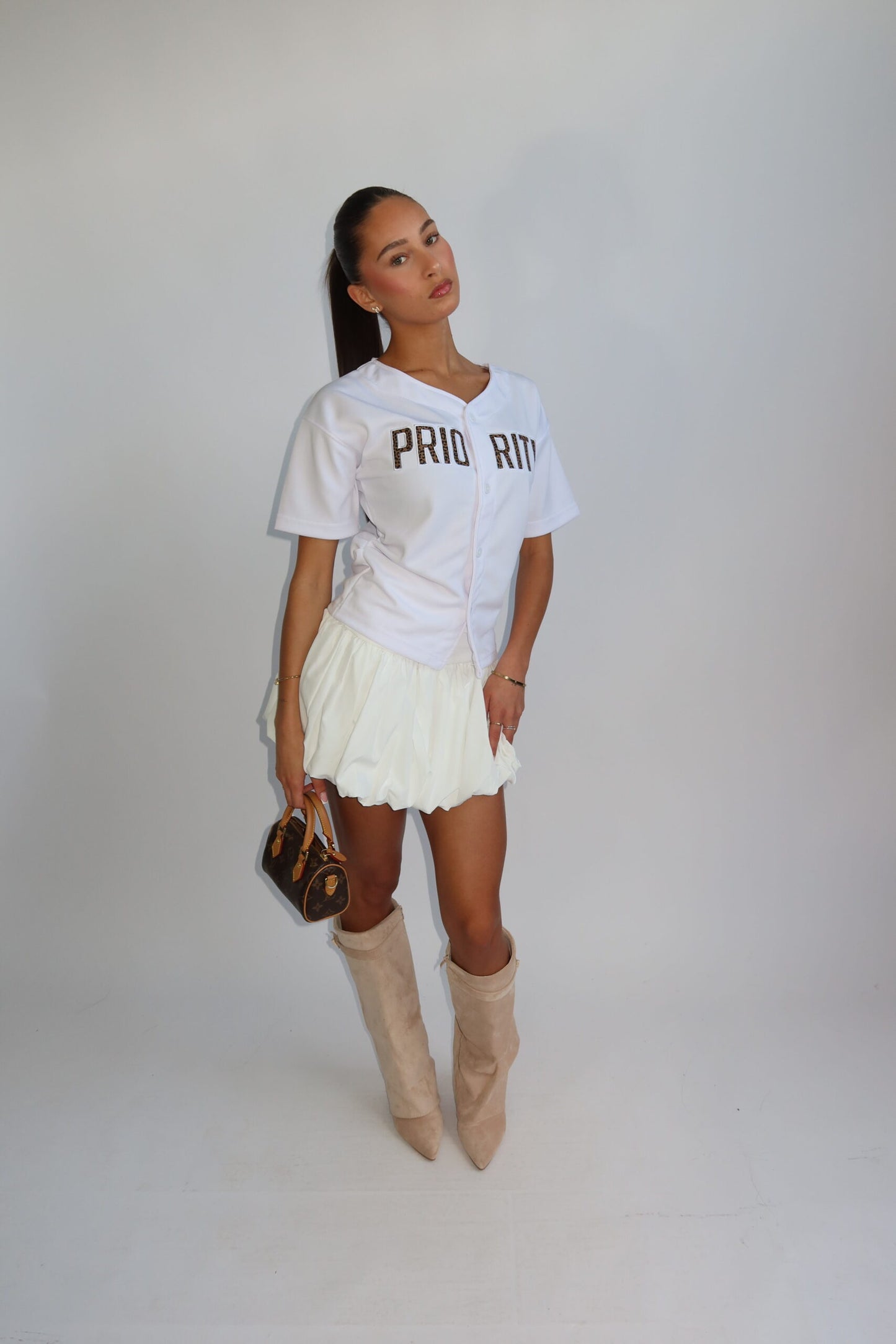 Priority t-shirt dames; Baseball buttoned jersey with Leopard patches - White/ Wit | Tee Time collectie