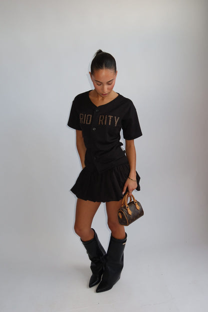 Priority t-shirt dames; Baseball buttoned jersey with Leopard patches - Black/ Zwart | Tee Time collectie