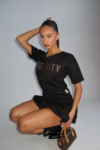 Priority t-shirt dames; Baseball buttoned jersey with Leopard patches - Black/ Zwart | Tee Time collectie