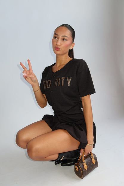 Priority t-shirt dames; Baseball buttoned jersey with Leopard patches - Black/ Zwart | Tee Time collectie