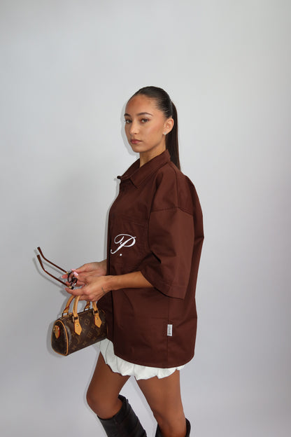 Priority 'P' boyfriend blouse dames - Donkerbruin | End of Summer collectie
