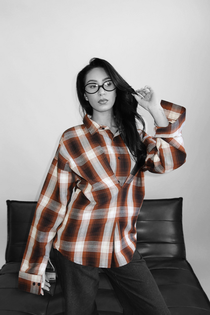 Priority blouse dames; Priority checked blouse with snatch details - Donkerbruin