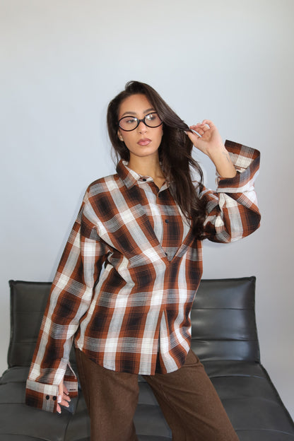 Priority blouse dames; Priority checked blouse with snatch details - Donkerbruin