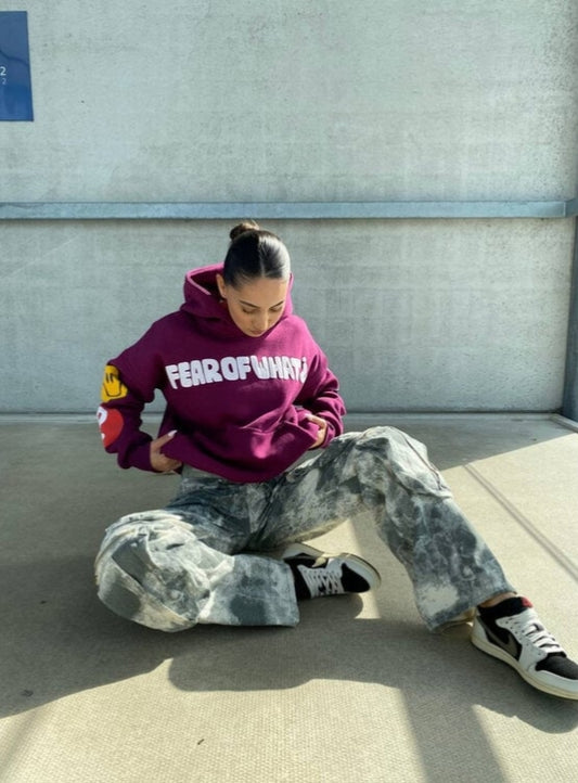 Priority hoodie: Fear of what hoodie -Multiple puff print - Bordeaux