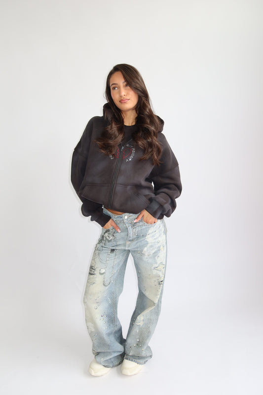 Priority hoodie; Priority Rhinestone zip-up vest AW25 - Zwart (Washed Black)
