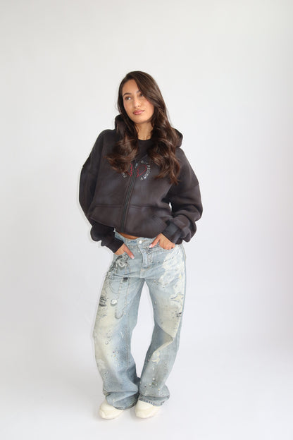 Priority hoodie; Priority Rhinestone zip-up vest AW25 - Zwart (Washed Black)