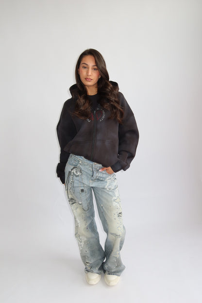 Priority hoodie; Priority Rhinestone zip-up vest AW25 - Zwart (Washed Black)
