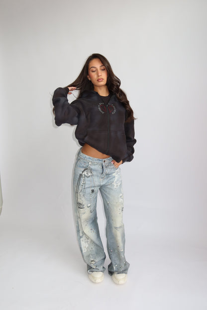 Priority hoodie; Priority Rhinestone zip-up vest AW25 - Zwart (Washed Black)