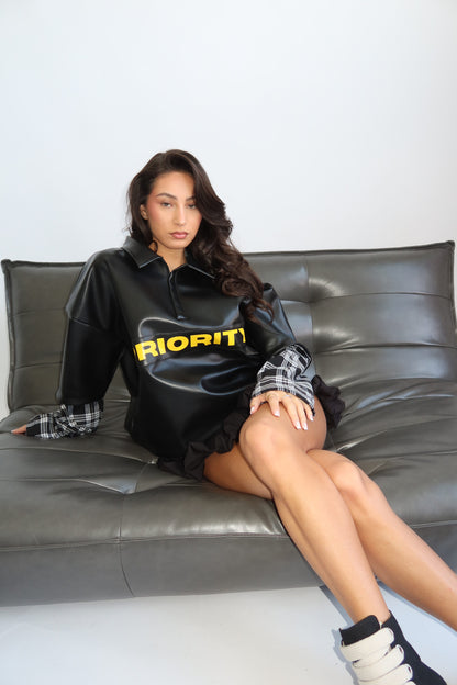 Priority Longsleeve; Priority leather shirt with checked sleeves - Zwart