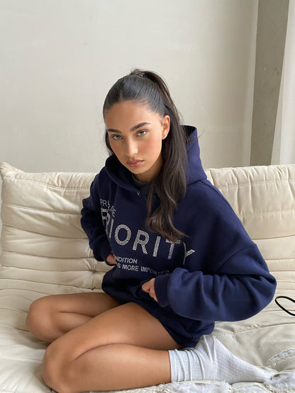 Priority hoodie: Priority strass hoodie - Marine blauw/ Midnight Blue - Priority Rhinestone hoodie