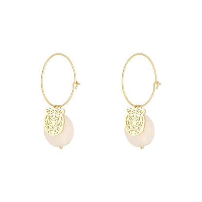 RVS gouden dames oorbellen met tijgerhoofd en edelsteen - licht roze| Animal collectie