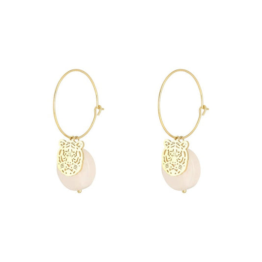 RVS gouden dames oorbellen met tijgerhoofd en edelsteen - licht roze| Animal collectie