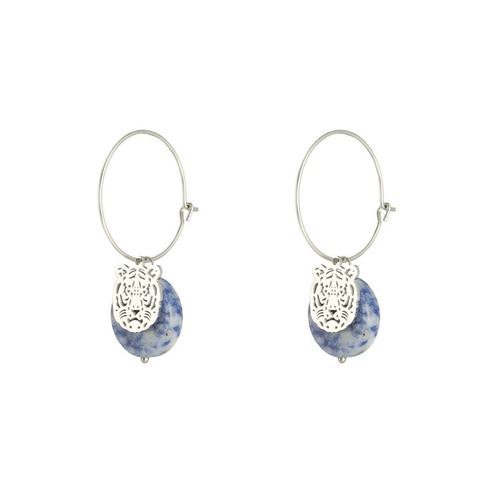 RVS gouden dames oorbellen met tijgerhoofd en edelsteen - Grijs/ blauw | Animal collectie