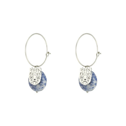 RVS gouden dames oorbellen met tijgerhoofd en edelsteen - Grijs/ blauw | Animal collectie
