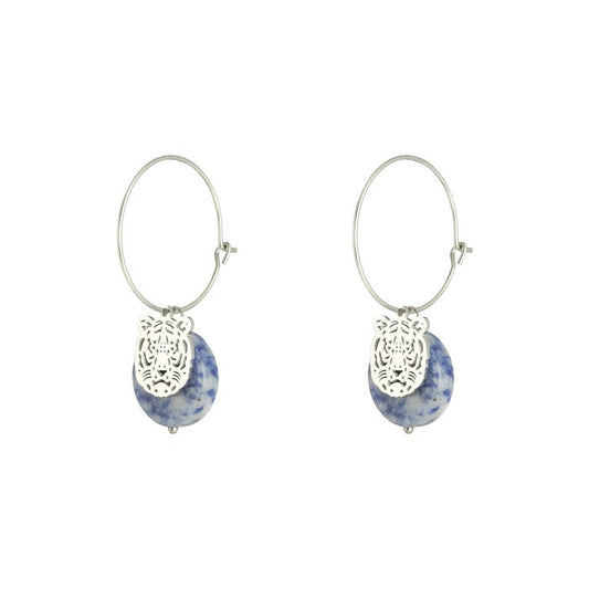RVS gouden dames oorbellen met tijgerhoofd en edelsteen - Grijs/ blauw | Animal collectie