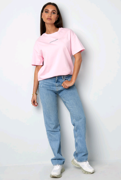 Gimme roze dames t-shirt met groene tekst op de rug; 'La Vie en Rose' - Roze/ groen | Tee Time collectie