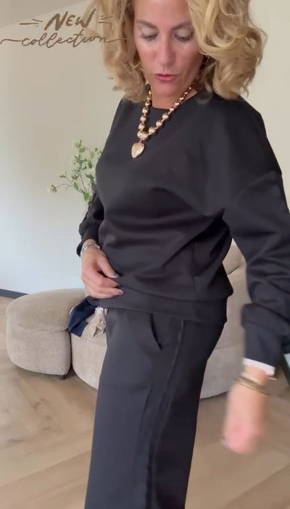 Comfy tweedelige set dames met details op de mouw en bies - Beige | Fall4me collectie