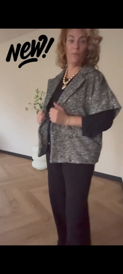 Korte tussenjas dames/ mouwloos vest met kleurloze lovertjes en visgraat patroon - Zwart | Fall4me collectie 2.0