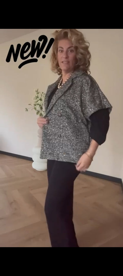 Korte tussenjas dames/ mouwloos vest met kleurloze lovertjes en visgraat patroon - Zwart | Fall4me collectie 2.0