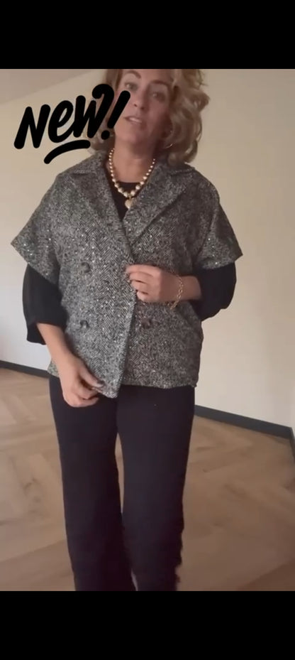 Korte tussenjas dames/ mouwloos vest met kleurloze lovertjes en visgraat patroon - Zwart | Fall4me collectie 2.0