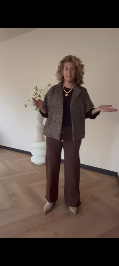 Korte tussenjas dames/ mouwloos vest met kleurloze lovertjes en visgraat patroon - Bruin | Fall4me collectie 2.0