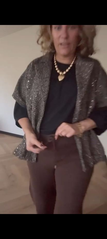 Korte tussenjas dames/ mouwloos vest met kleurloze lovertjes en visgraat patroon - Bruin | Fall4me collectie 2.0